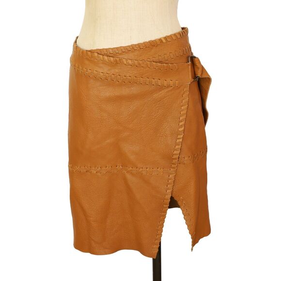 FREE PEOPLE We The Free Belted Lamb Leather Statement Wrap Skirt 27 Brown B80 - Picture 2 of 6